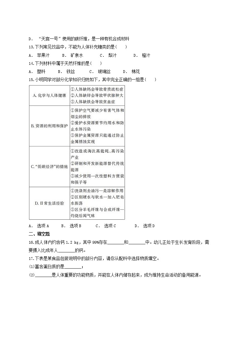 人教版初中化学九年级下册第十二单元 化学与生活单元测试题03