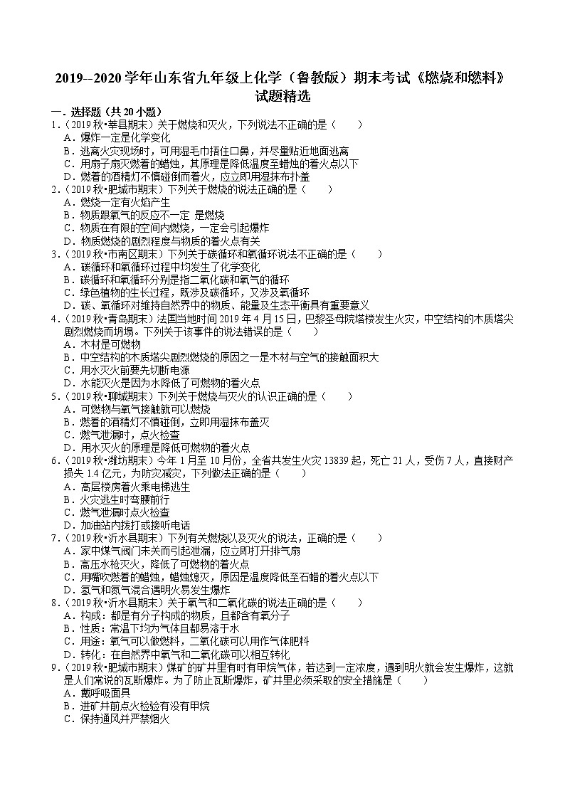 2019--2020学年九年级上化学（鲁教版）期末考试《燃烧和燃料》试题精选01