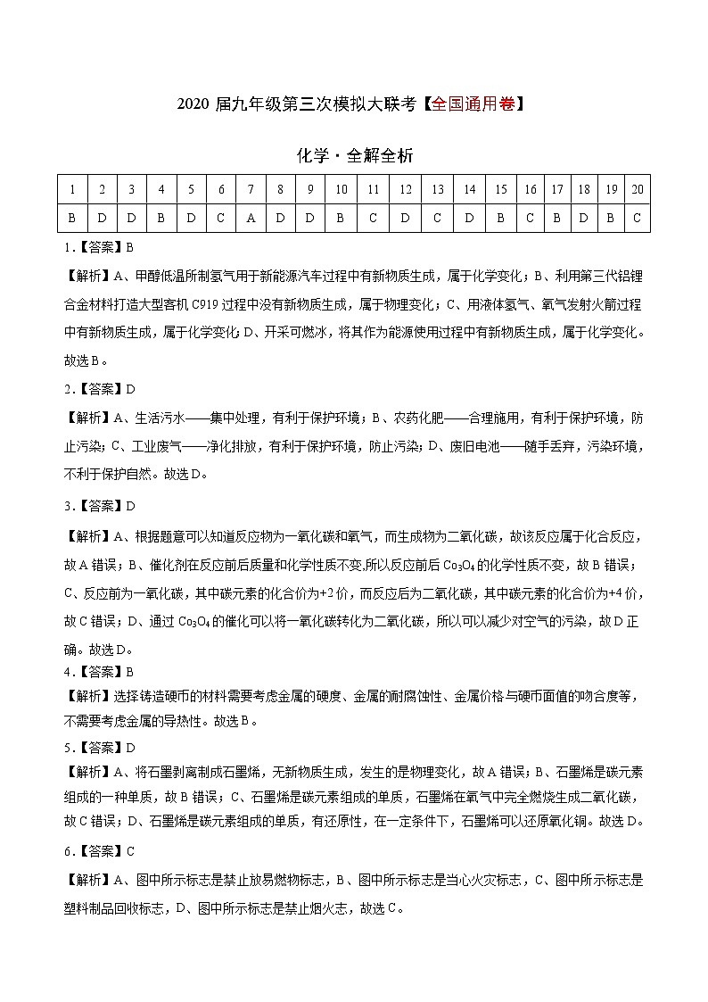 九年级化学第三次模拟大联考（全解全析）第1页