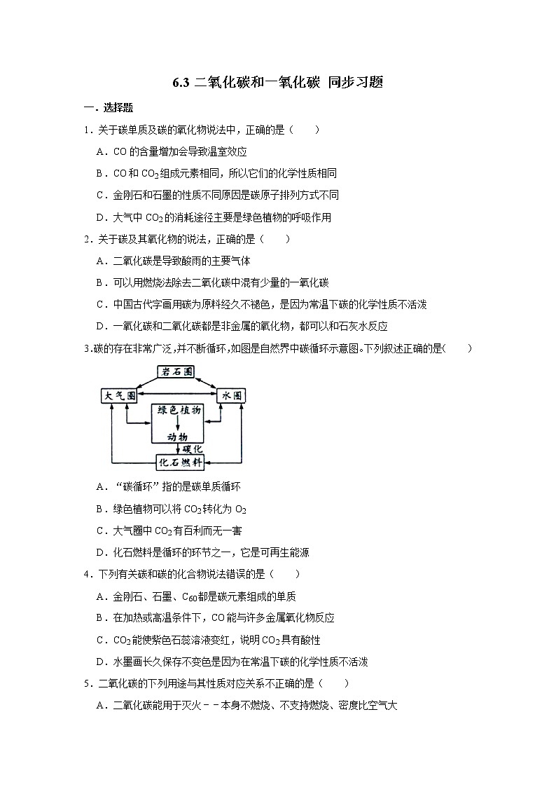 人教版九年级上册化学 6.3二氧化碳和一氧化碳 同步习题（含解析）01