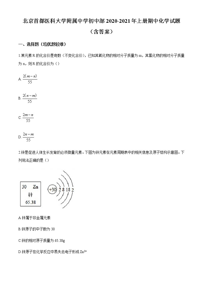 北京首都医科大学附属中学初中部2020-2021年上册期中化学试题01