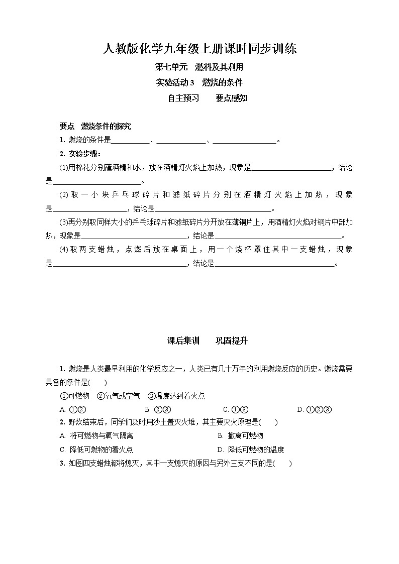 人教版九年级化学 第七单元《燃料及其利用》实验活动3 燃烧的条件 同步测试01