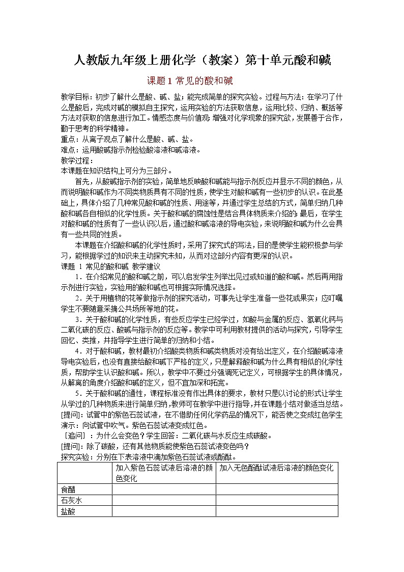 人教版九年级下册化学（教案）第十单元    酸和碱01