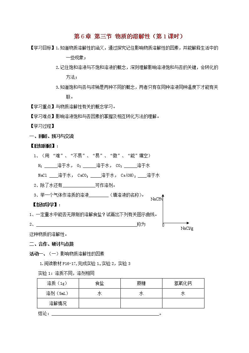 2020年沪教版九年级化学全册 6.3.1 物质的溶解性 学案01