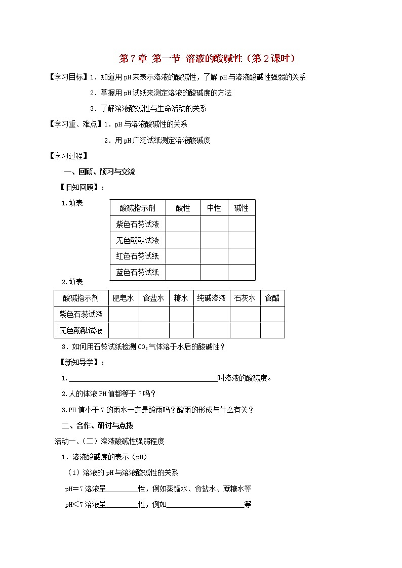 2020年沪教版九年级化学全册 7.1.2 溶液的酸碱性 学案01