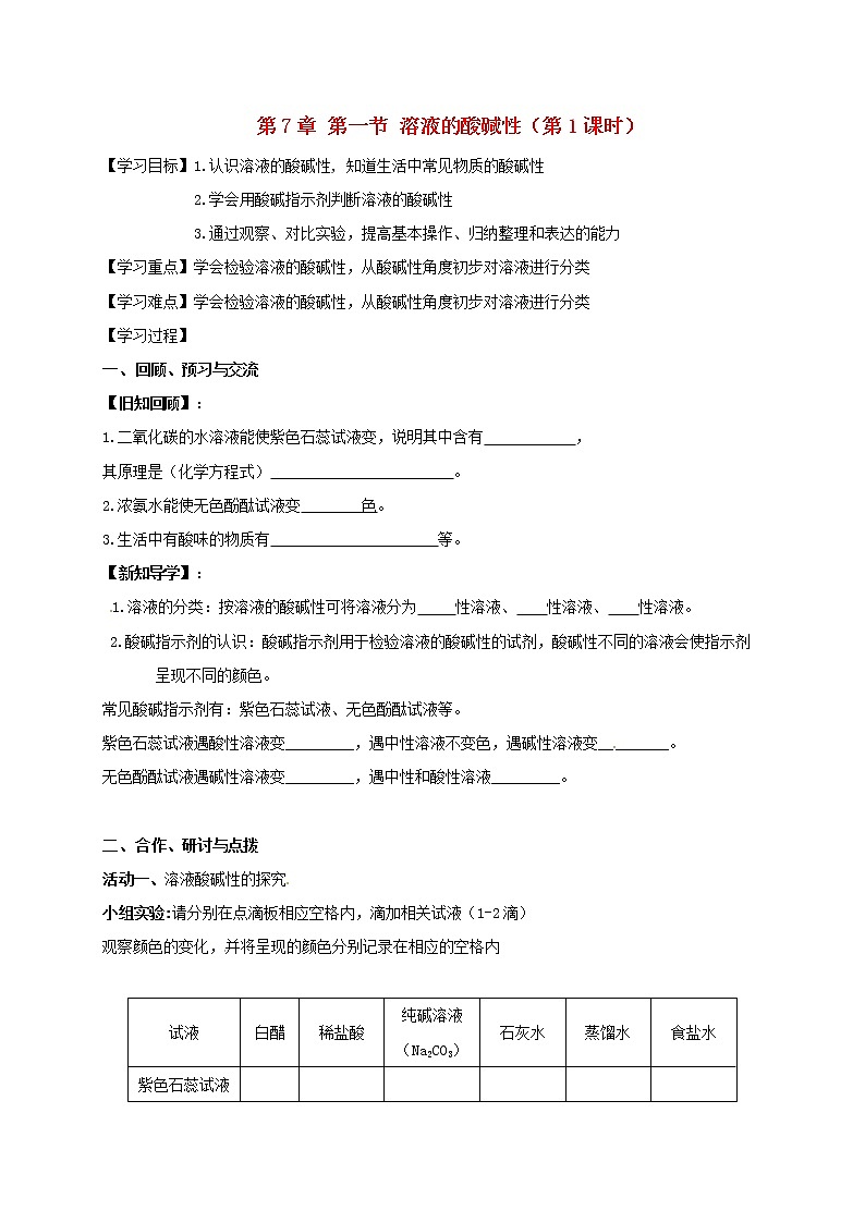 2020年沪教版九年级化学全册 7.1.1 溶液的酸碱性 学案01