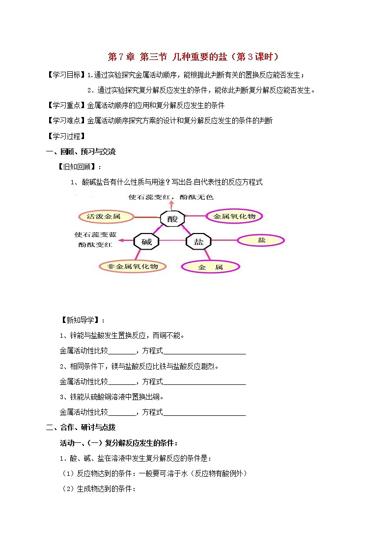 2020年沪教版九年级化学全册 7.3.3 几种重要的盐 学案01