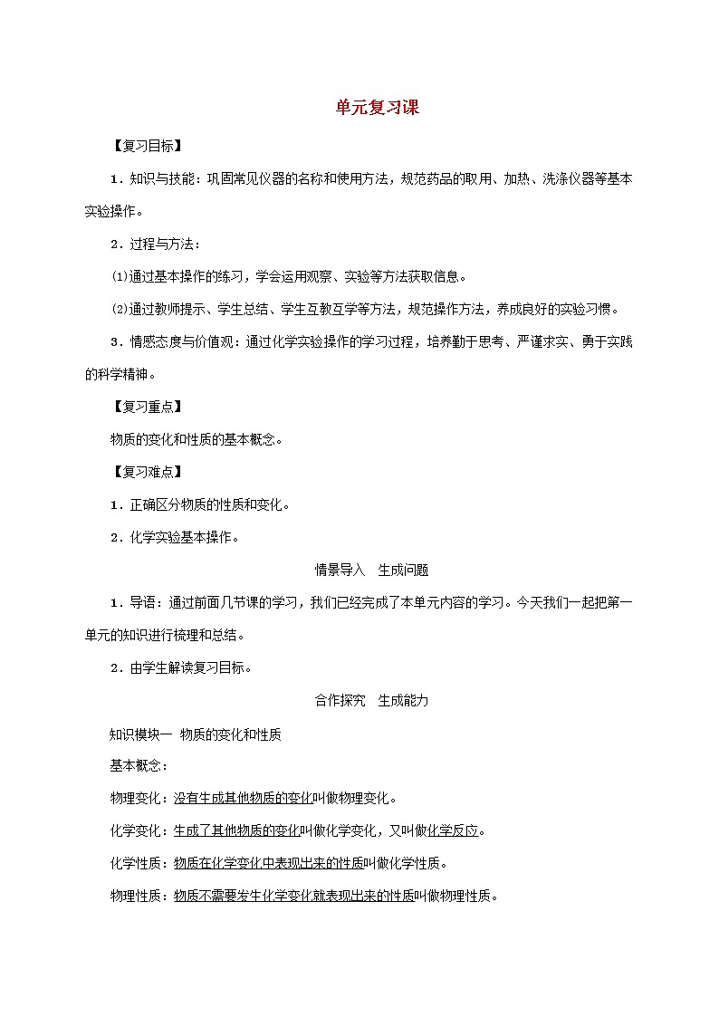 2020年人教版九年级化学上册第1单元走进化学世界复习课 精品教案01