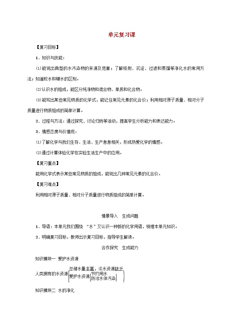 2020年人教版九年级化学上册第4单元自然界的水复习课 精品教案01