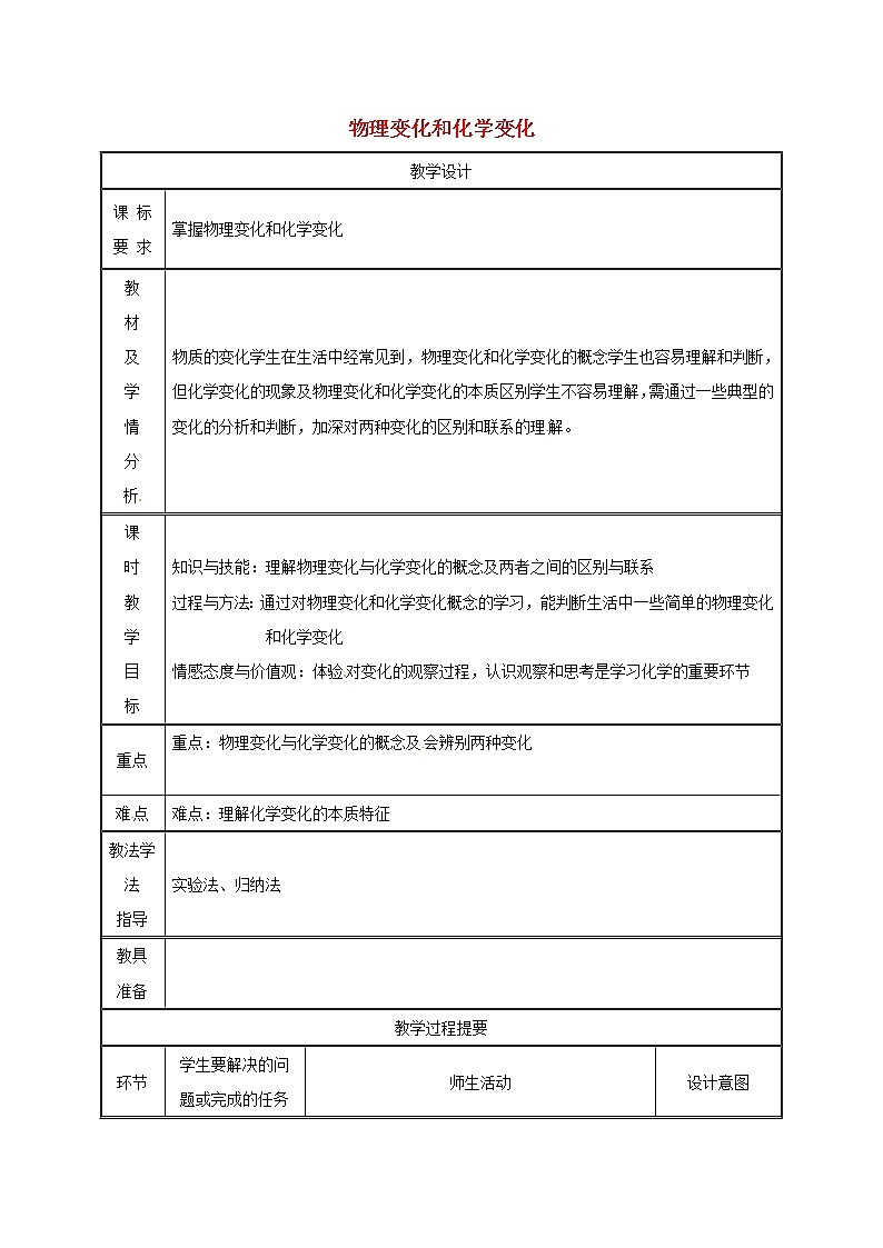2020年粤教版九年级化学上册第1章 1.3物理的变化 教案101