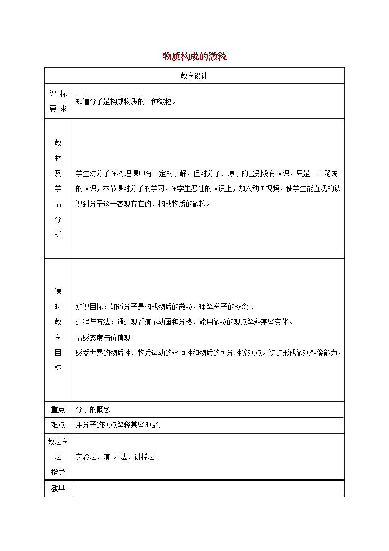 2020年粤教版九年级化学上册第2章 2.2构成物质的微粒Ⅰ_分子 教案201