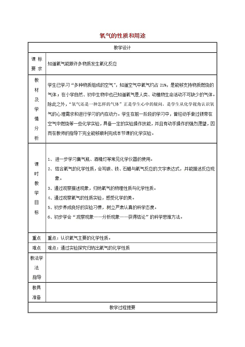 2020年粤教版九年级化学上册第3章 3.1氧气的性质和用途第1课时 教案01