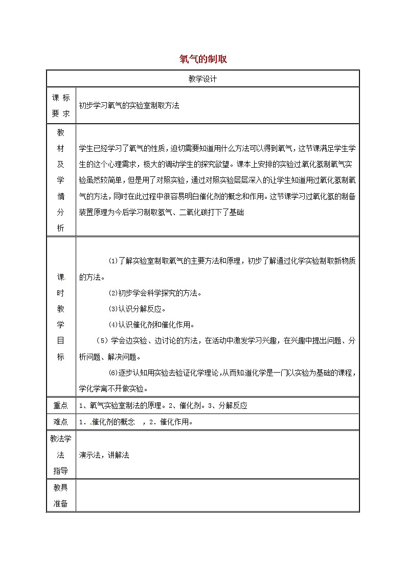 2020年粤教版九年级化学上册第3章 3.2制取氧气氧气的实验室制法第1课时 教案01