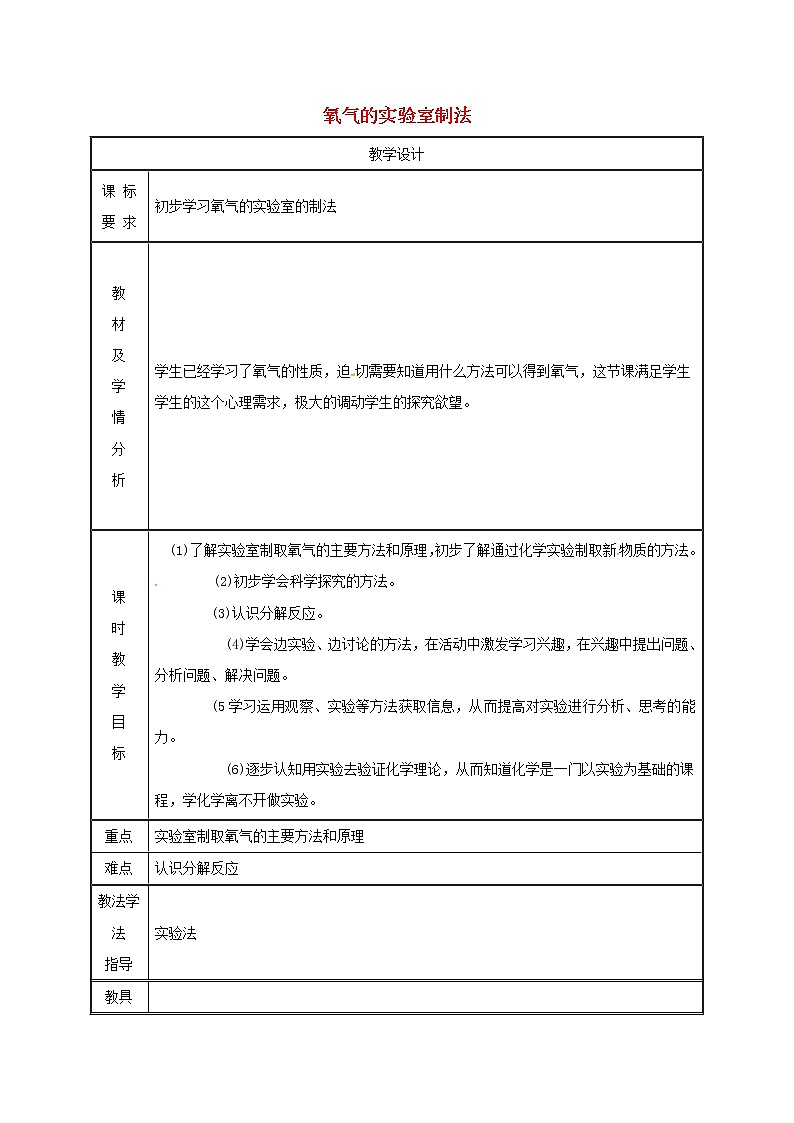 2020年粤教版九年级化学上册第3章 3.2制取氧气氧气的实验室制法第2课时 教案01