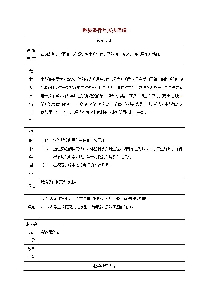 2020年粤教版九年级化学上册第3章 3.3燃烧条件与灭火原理第1课时 教案01