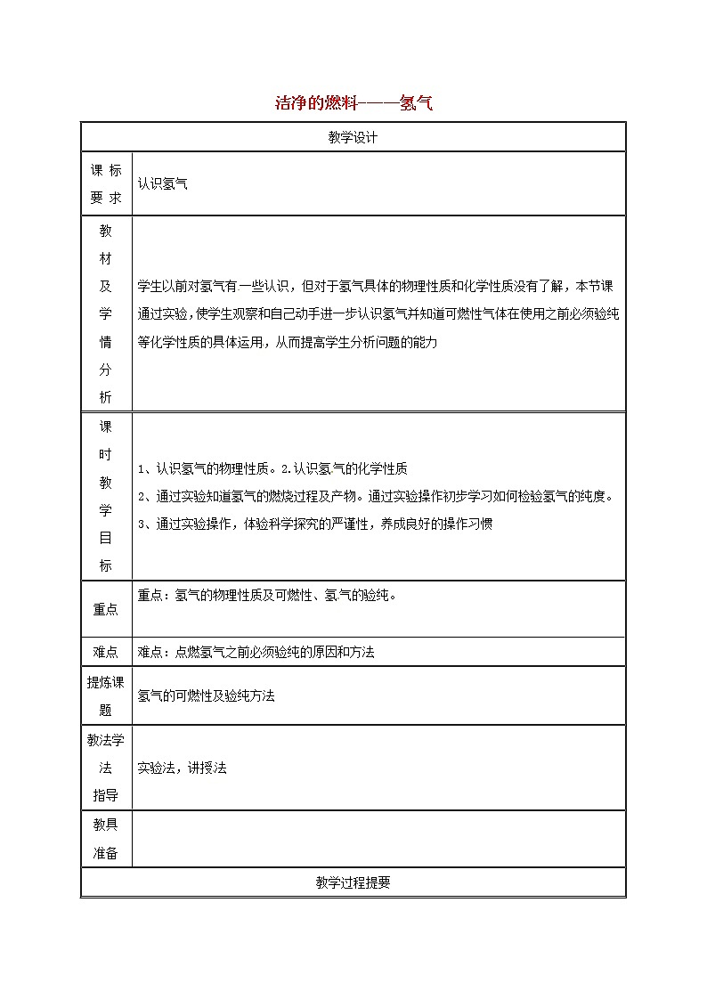2020年粤教版九年级化学上册第5章 5.1洁净的燃料_氢气第1课时 教案01