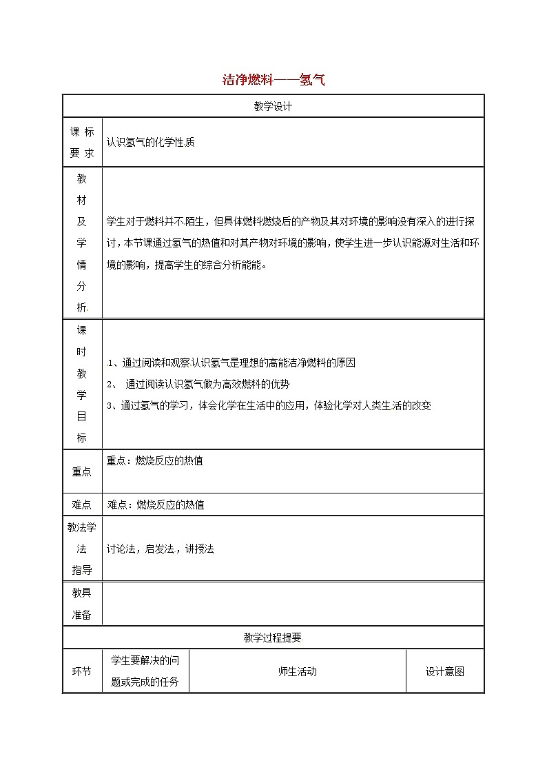 2020年粤教版九年级化学上册第5章 5.1洁净的燃料_氢气第2课时 教案01