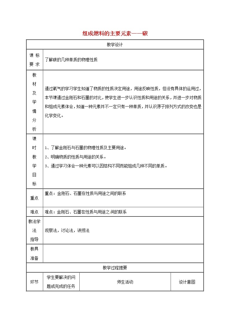 2020年粤教版九年级化学上册第5章 5.2组成燃料的主要元素_碳第1课时 教案01