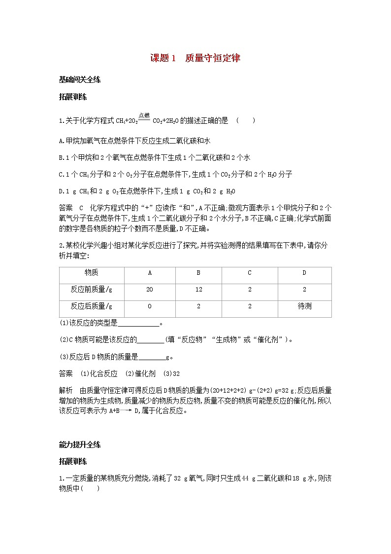 2020年人教版九年级化学上册第5单元 课 题1质量守恒定律 拓展训练(含答案)01