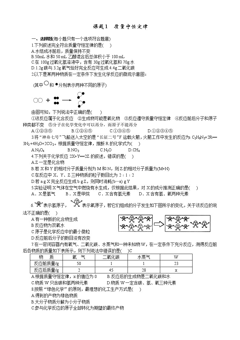2020年人教版九年级化学上册 5.1 质量守恒定律 同步练习(含答案)01