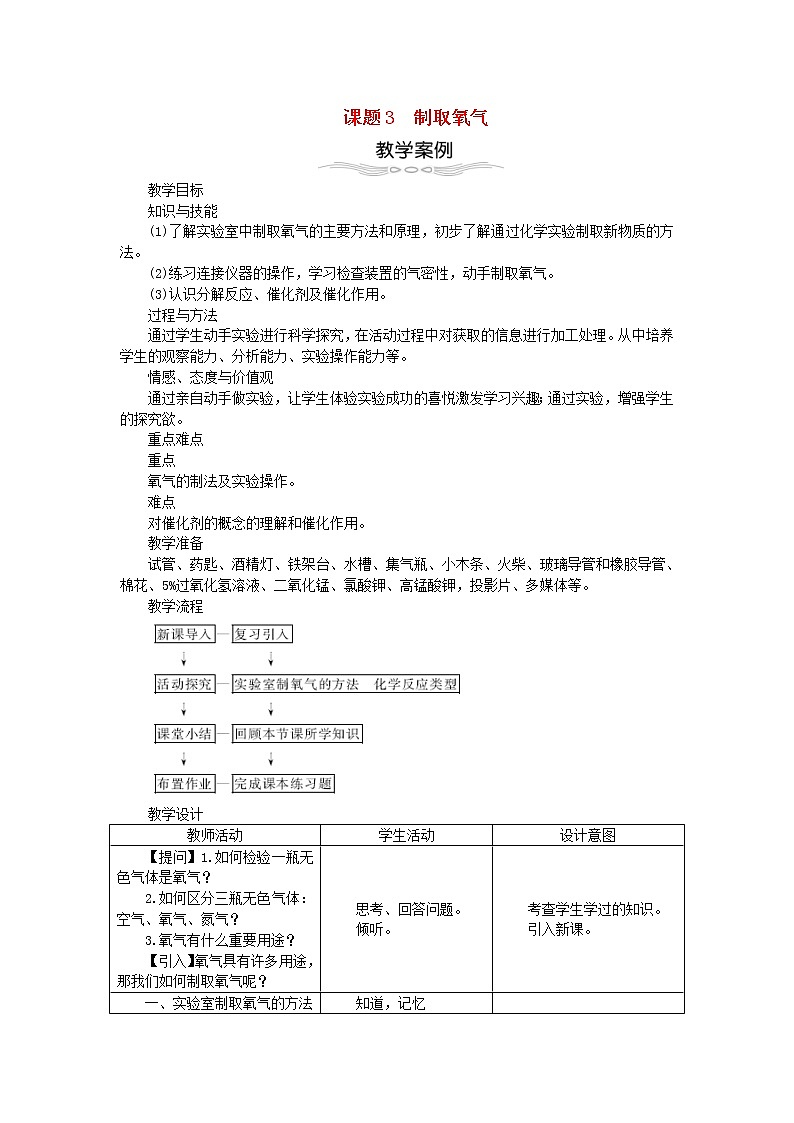 2020年人教版九年级化学上册第2单元 我们周围的空气2.3制取氧气 教案01