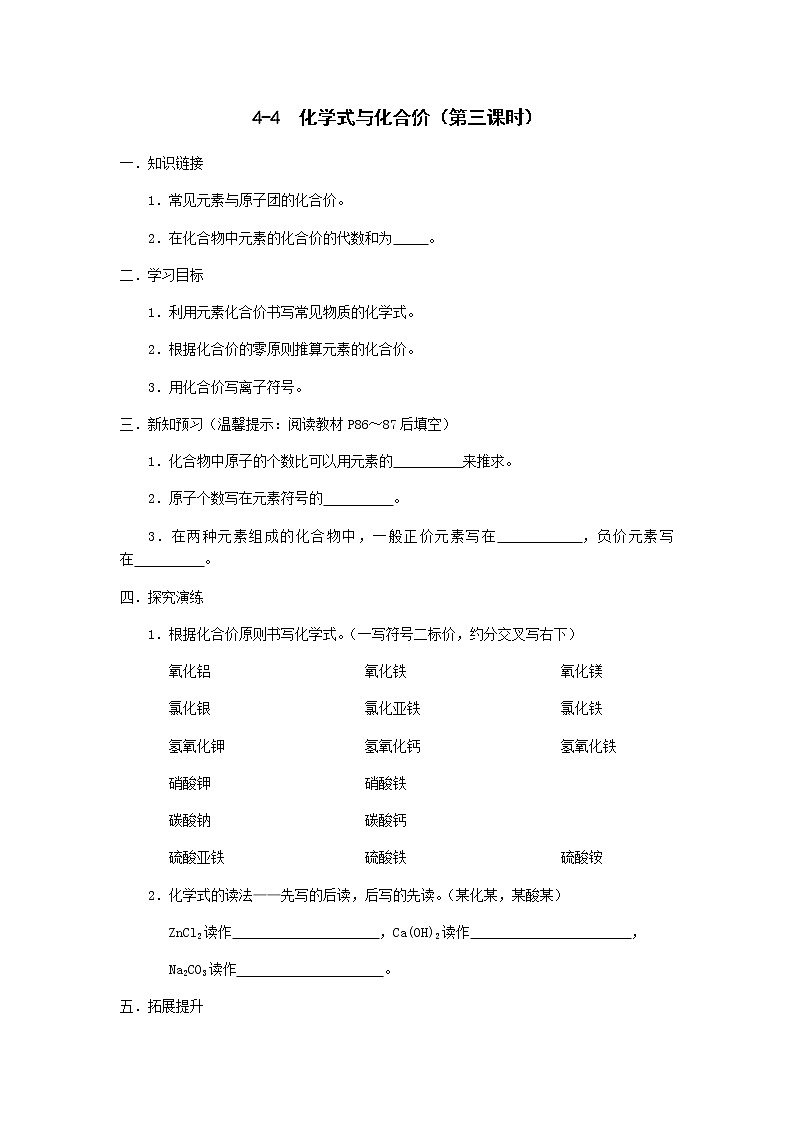 九年级初中化学上册人教版  第四单元 课题四  化学式与化合价学案(第三四课时)01