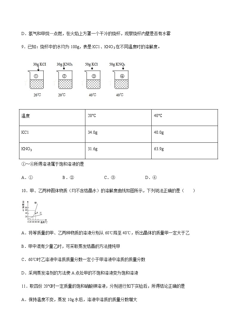 2021届中考化学一轮复习溶液专题测试卷(1)03