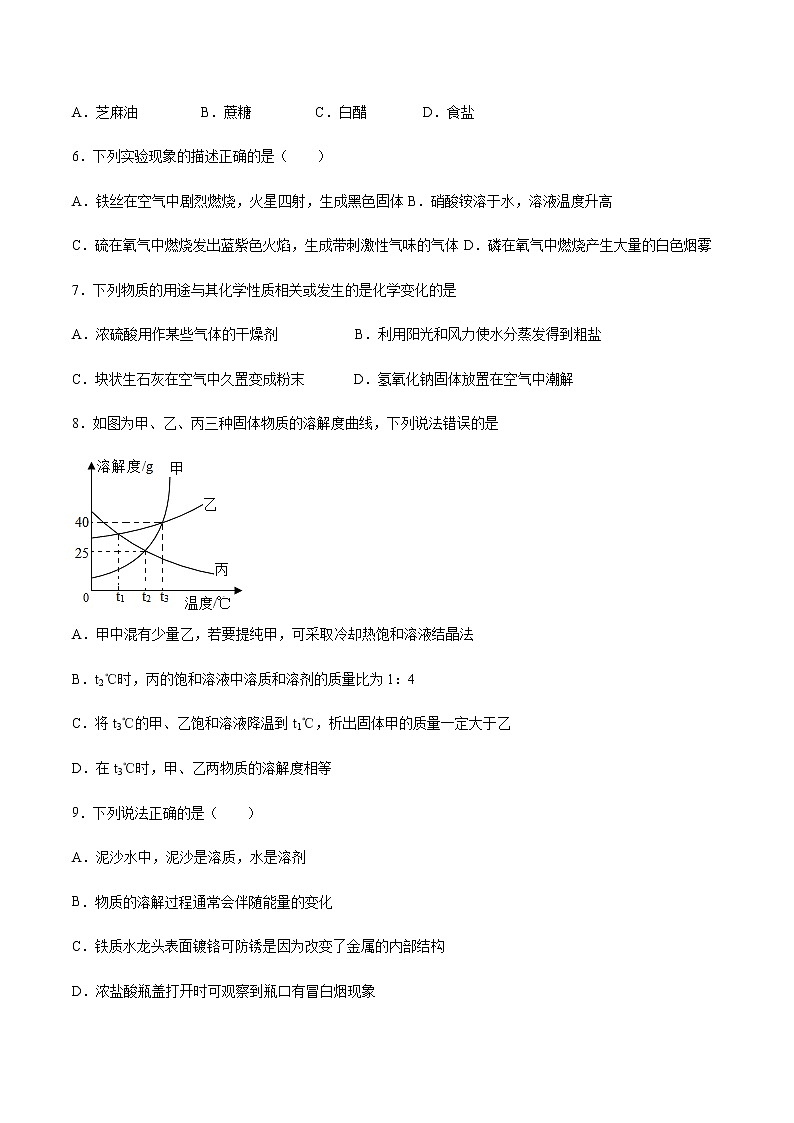 2021届中考化学一轮复习溶液专题测试卷02