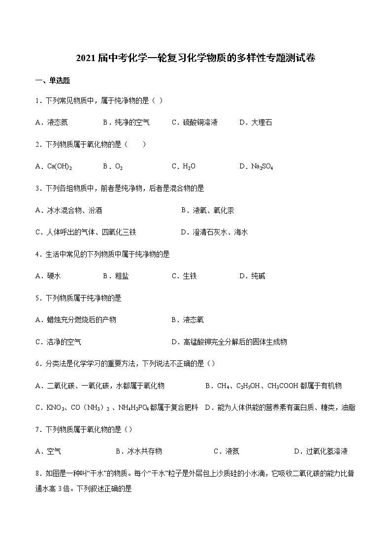 2021届中考化学一轮复习化学物质的多样性专题测试卷(1)01