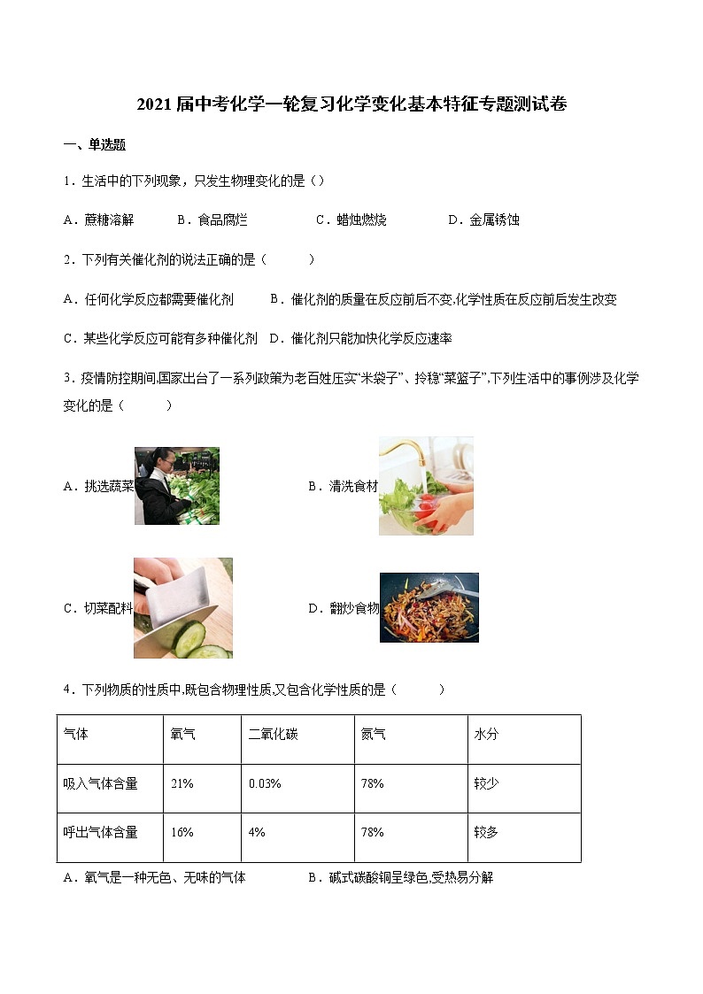 2021届中考化学一轮复习化学变化和化学性质专题测试卷(1)第1页