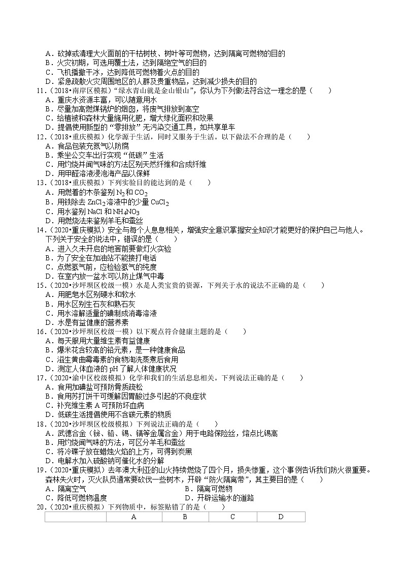 重庆中考化学复习各地区2018-2020年模拟试题分类（12）——化学与生活02