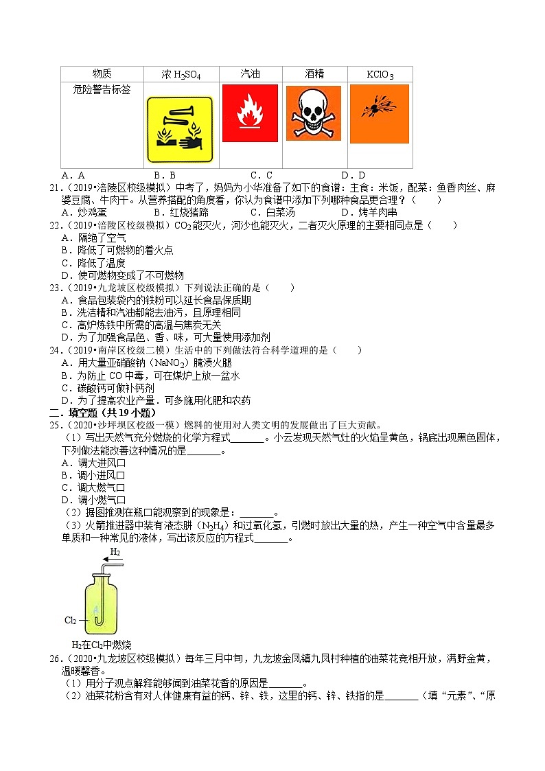 重庆中考化学复习各地区2018-2020年模拟试题分类（12）——化学与生活03