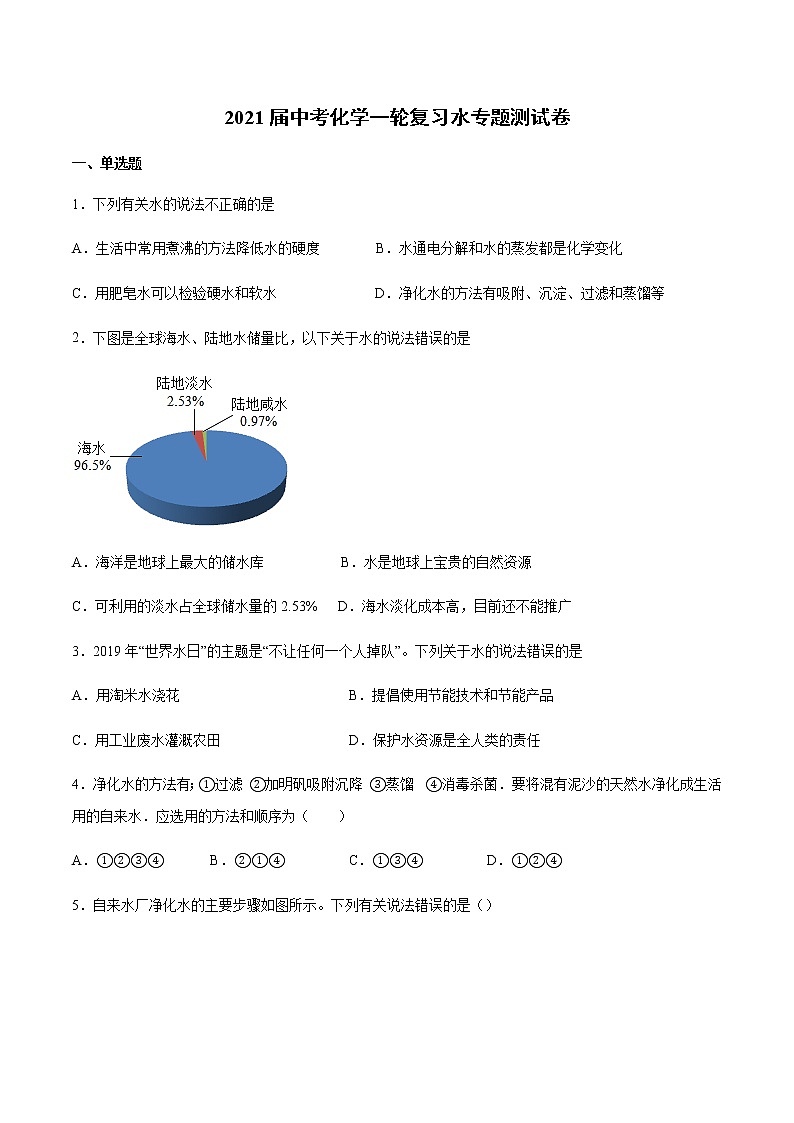 2021届中考化学一轮复习水专题测试卷(1)01