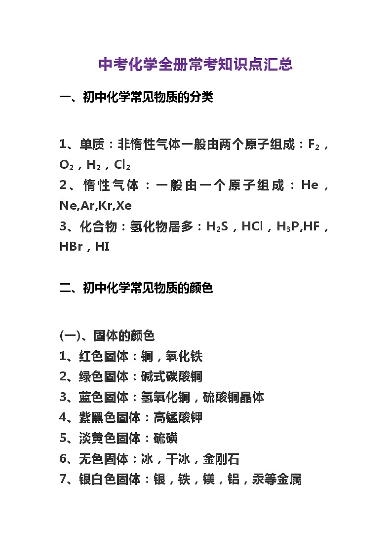 中考化学全册常考知识点汇总01