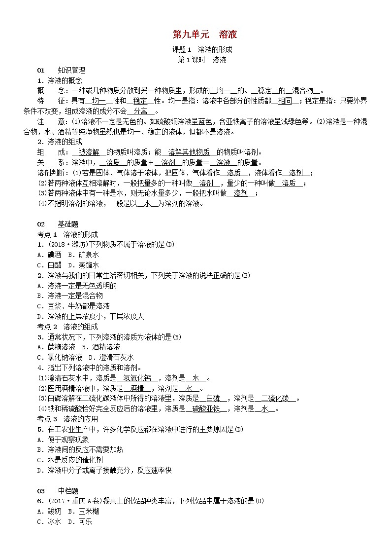 2021年人教版九年级化学下册第9单元 课题1溶液的形成 同步测试(含答案)01