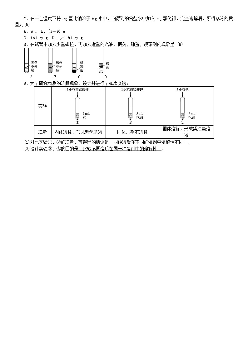 2021年人教版九年级化学下册第9单元 课题1溶液的形成 同步测试(含答案)02