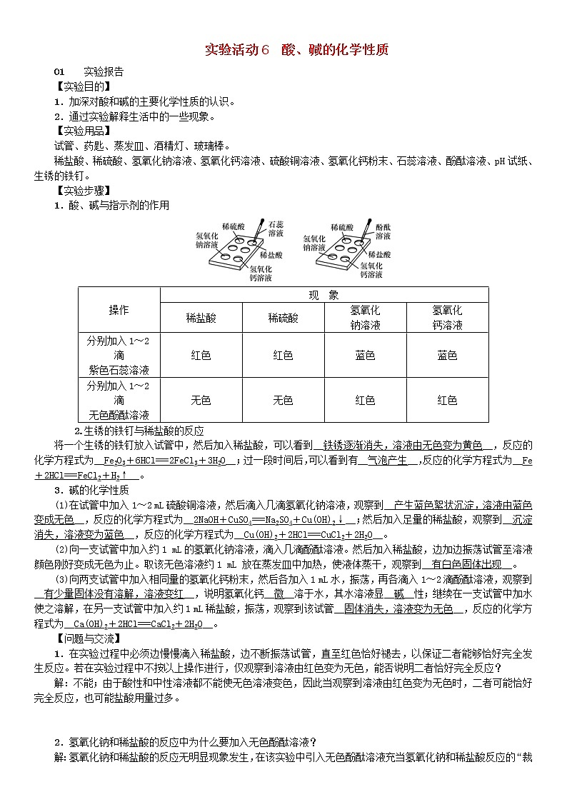 2021年人教版九年级化学下册第10单元 实验活动6 酸碱的化学性质 同步测试(含答案)01