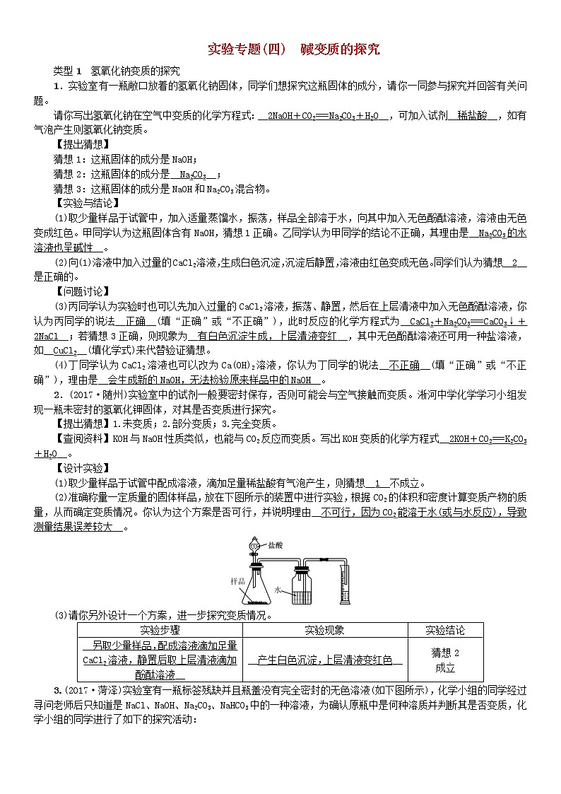 2021年人教版九年级化学下册第11单元 实验专题四碱变质的探究 同步测试(含答案)01