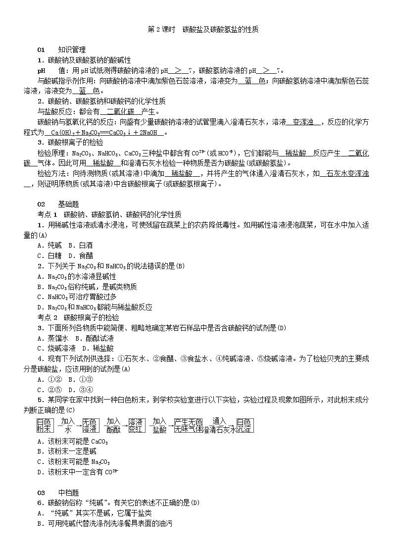2021年人教版九年级化学下册第11单元 课题1生活中常见的盐 同步测试(含答案)03