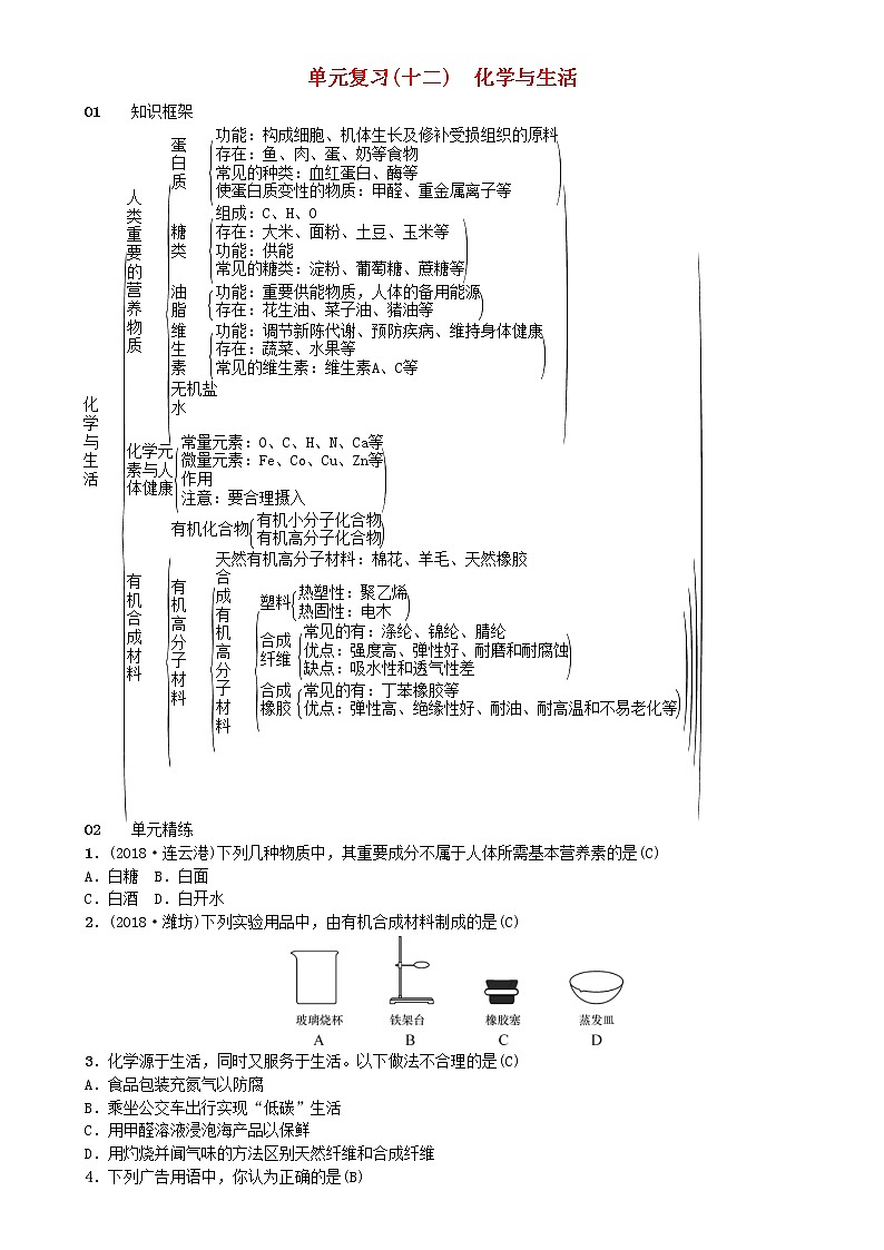 2021年人教版九年级化学下册第12单元 单元复习十二化学与生活 同步测试(含答案)01