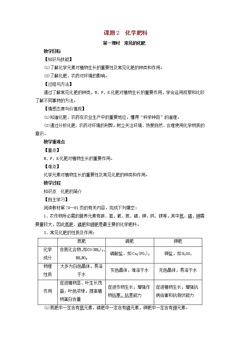2021年人教版九年级化学下册第11单元课题2化学肥料第1课时 常见的化肥 教案01