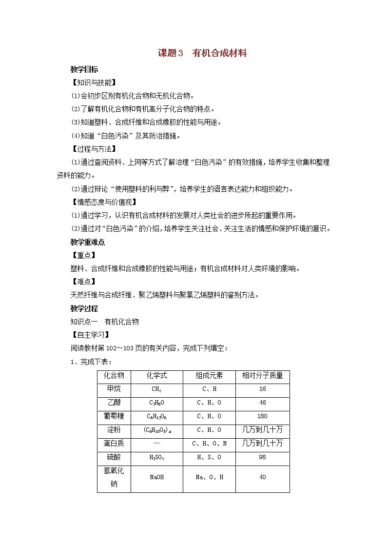 2021年人教版九年级化学下册第12单元课题3有机合成材料 教案01