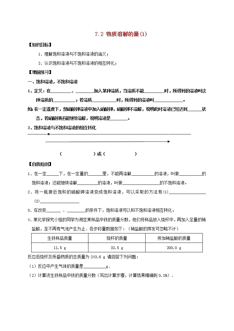 2021年粤教版九年级化学下册第7章 溶液7.2物质溶解的量1 学案01