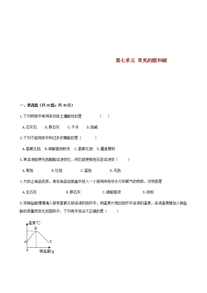 2021年鲁教版九年级化学下册第7单元 常见的酸和碱 综合测试(含答案)01