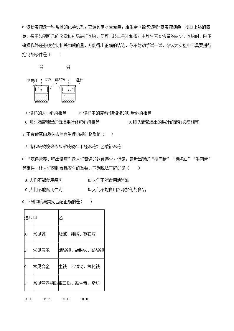 2021年鲁教版九年级化学下册第10单元 10.3远离有毒物质 同步练习(含答案)02