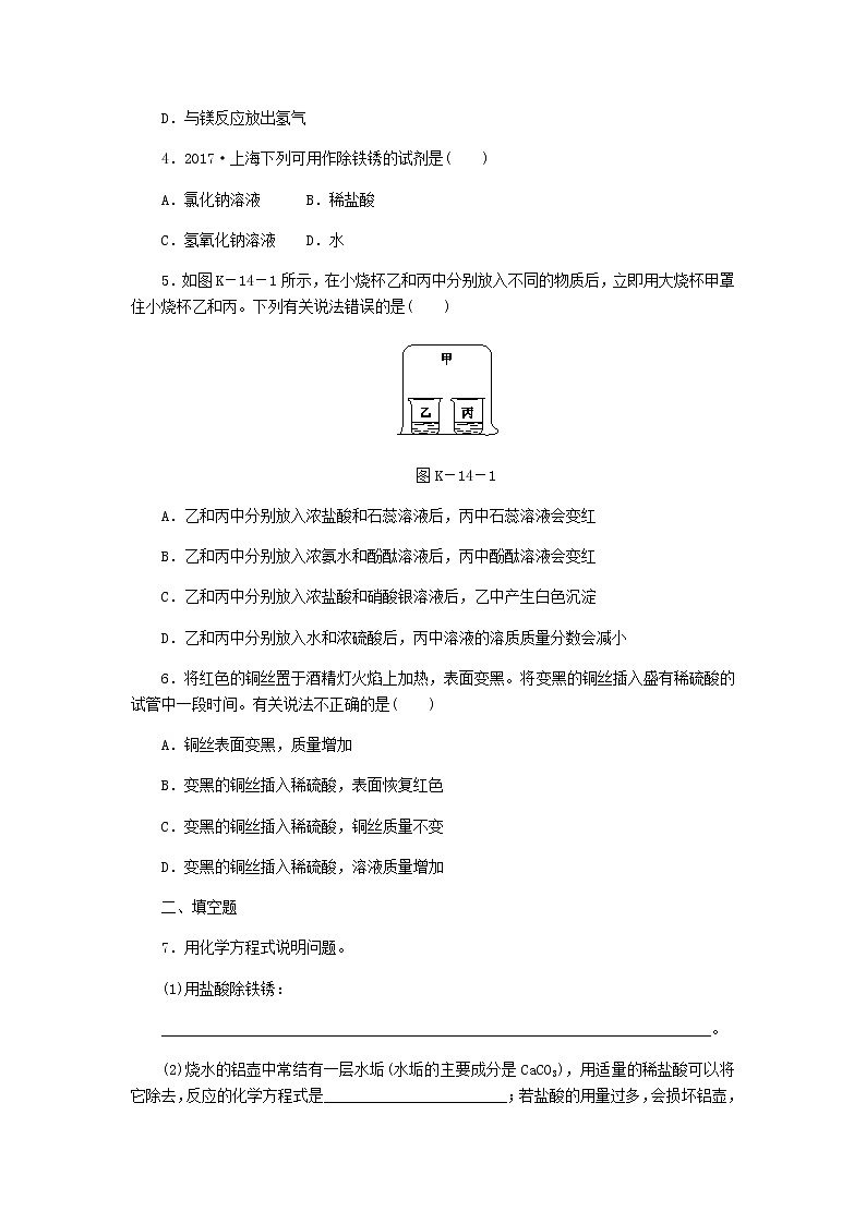 2021年粤教版九下化学 8.2常见的酸和碱第1课时常见的酸稀酸的化学性质 课时作业(含答案) 练习02