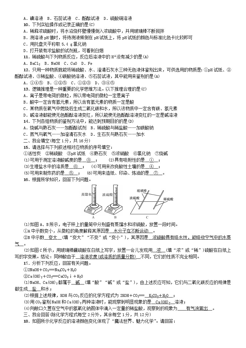 2021年鲁教版九年级化学下册单元测试1 常见的酸和碱 同步测试(含答案)02