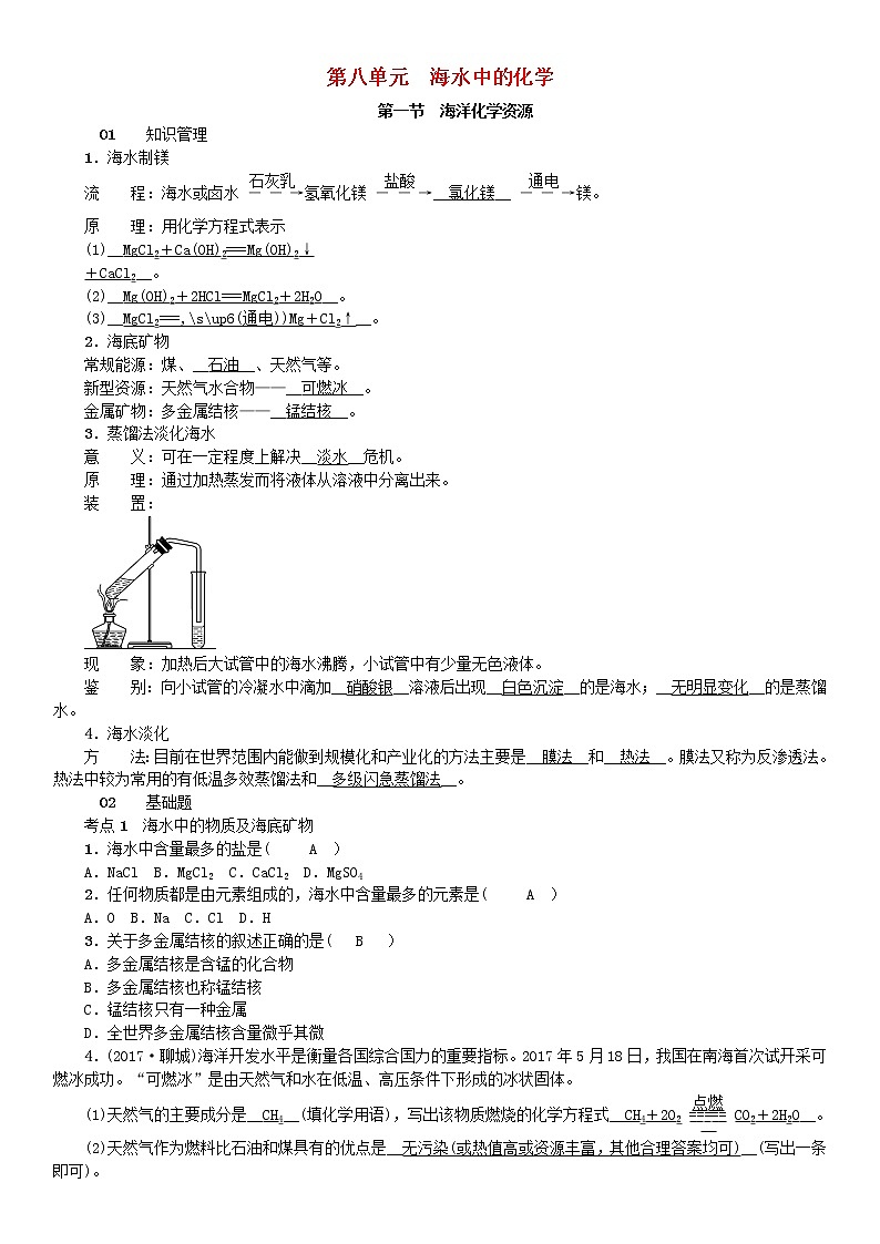 2021年鲁教版九年级化学下册第8单元 海水中的化学第1节 海洋化学资源 同步测试(含答案)01