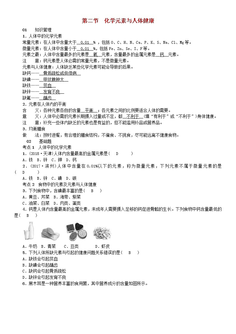 2021年鲁教版九年级化学下册第10单元 化学与健康第2节 化学元素与人体降 同步测试(含答案)01