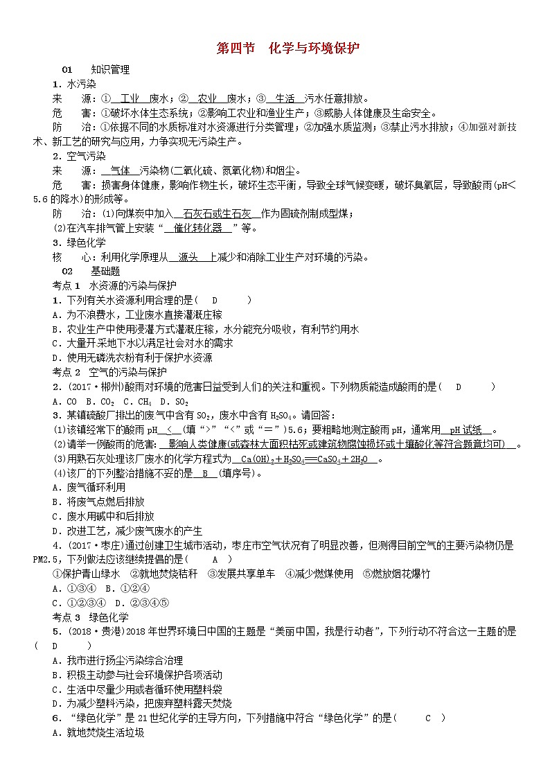 2021年鲁教版九年级化学下册第11单元 化学与社会发展第四节化学与环境保护 同步测试(含答案)01